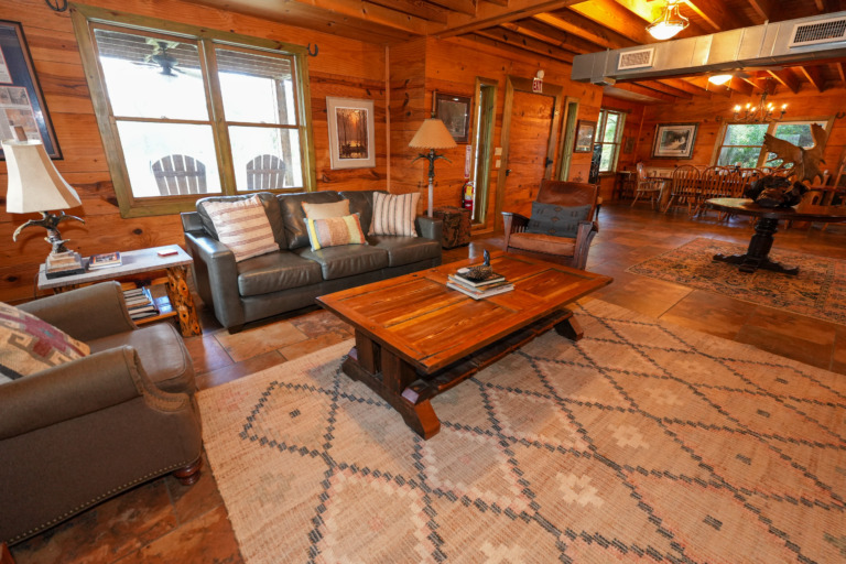The downstairs living room at the Crooked Oaks lodge.